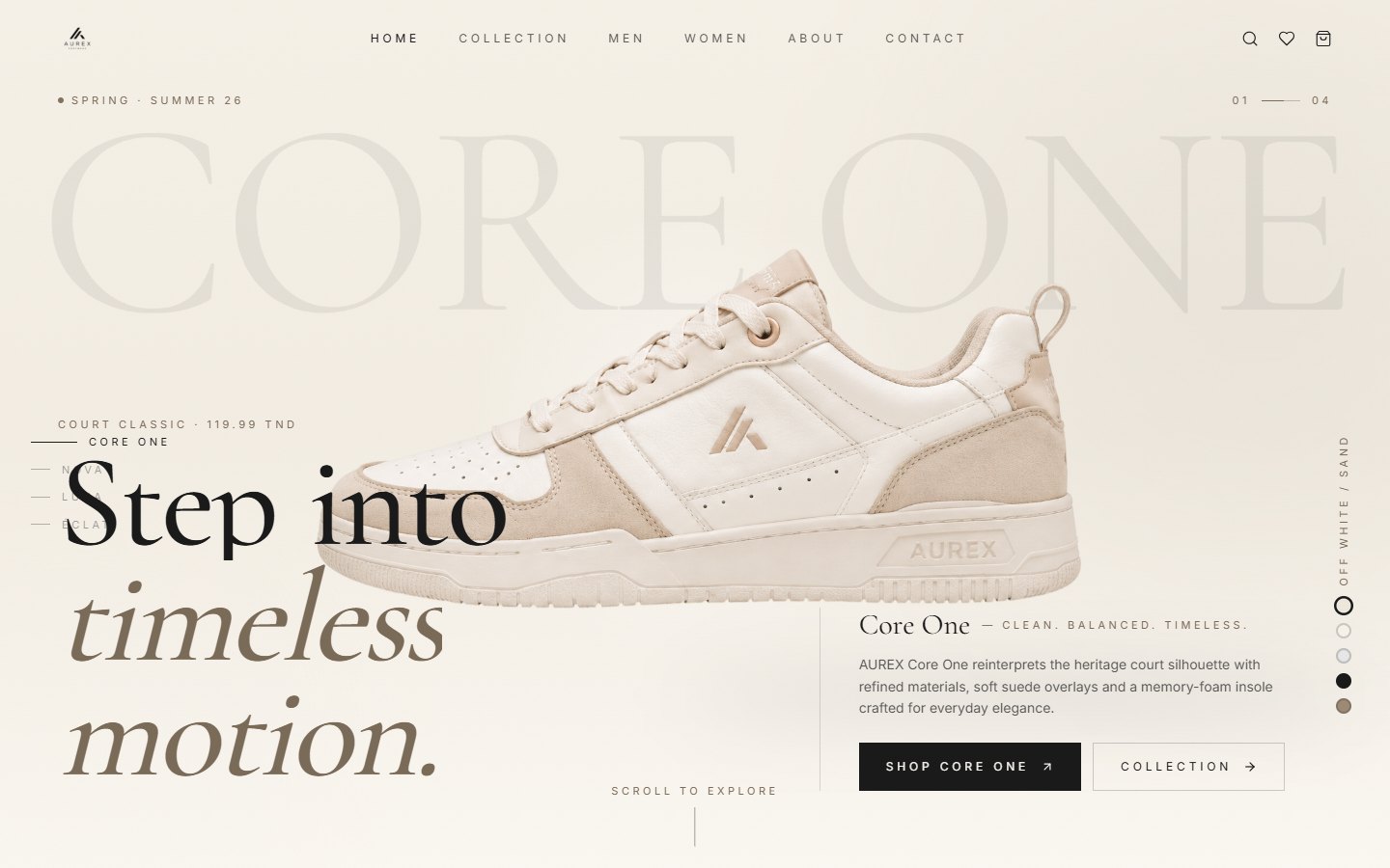 Aurex homepage: the Core One sneaker over oversized serif lettering