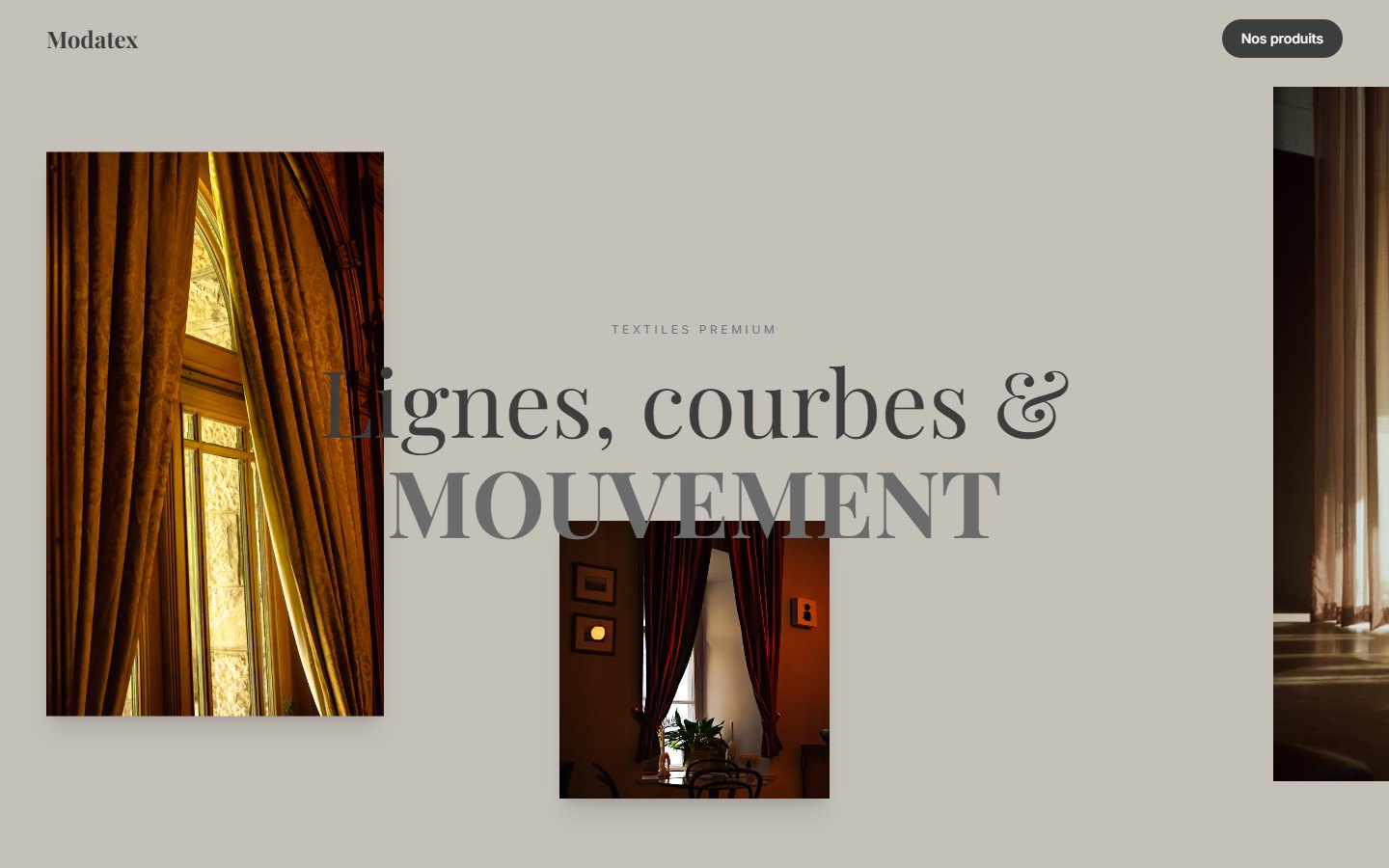Modatex homepage: curtain photography around the headline Lignes, courbes et mouvement