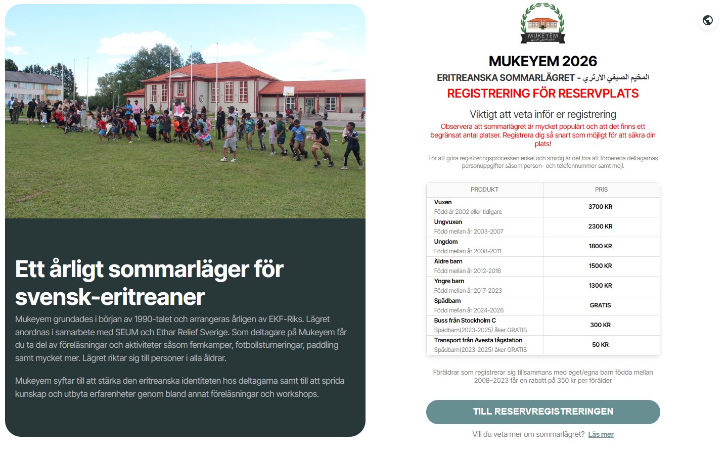 Mukeyem 2026 registration page with the camp price table