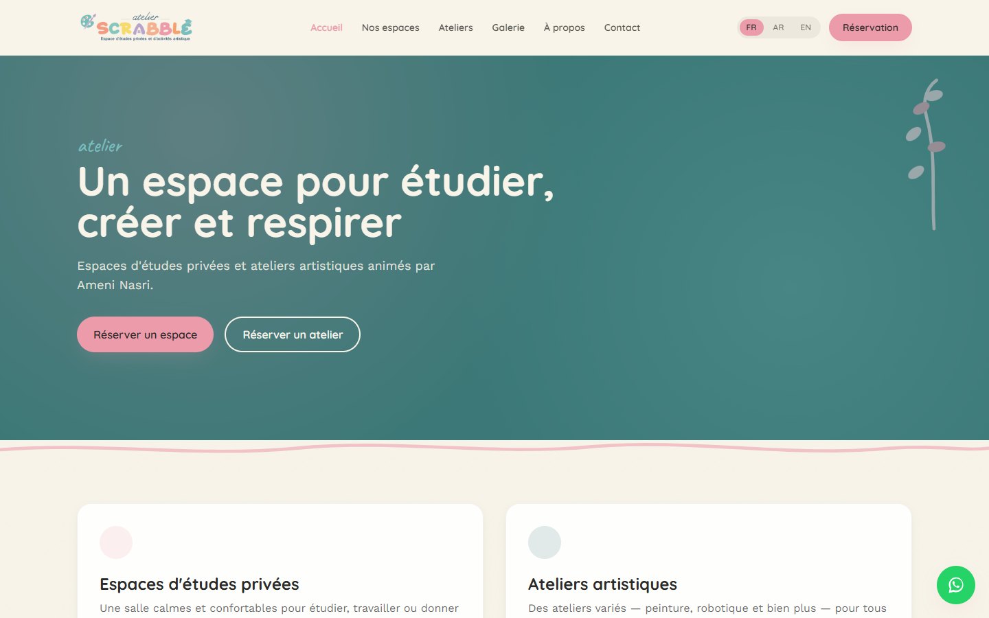 Atelier Scrabble homepage: a teal hero reading Un espace pour étudier, créer et respirer